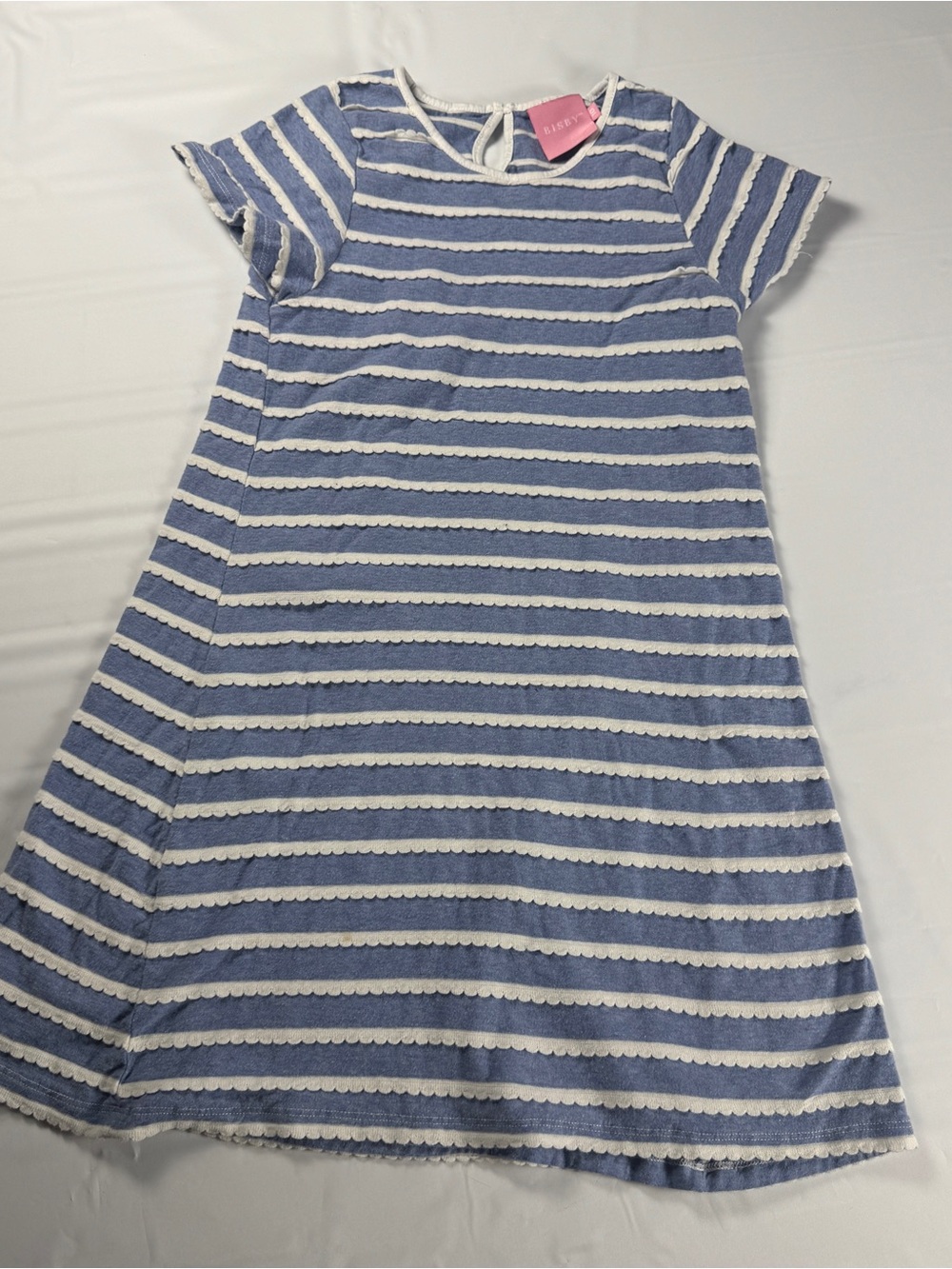 Bisby Girls Size 10 Blue White Striped Dress Scalloped Ric Rac Short Sleeve EUC